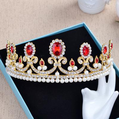 China Bridal Rhinestone Hair Accessories Beads Custom Wholesale Red Luxury Rhinestone Bridal Crown Gold Crown Headbands for sale