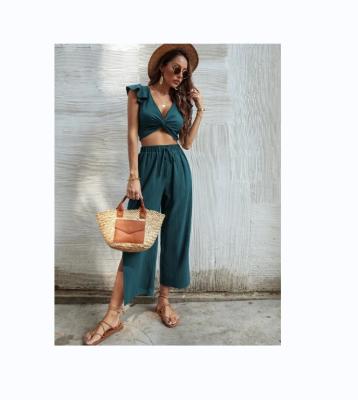 China V Neck Breathable Deep Top Drawstring Crop Wide Leg Pants Summer Casual Women's Fashion Spring Piece 2 Piece Set for sale