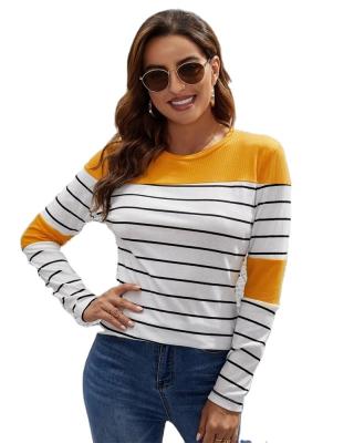 China 2022 QUICK DRY spring and autumn version of the shirt elastic simple striped loose round neck long sleeved graphic T-shirt women for sale