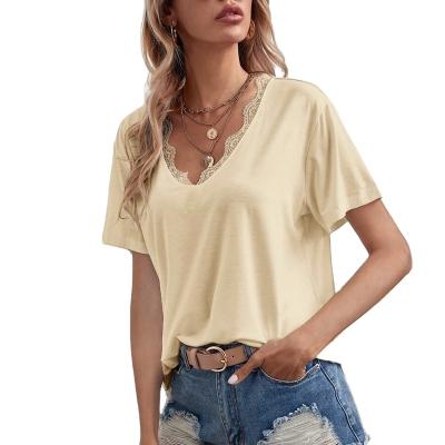 China 2022 Hot Selling Women's Anti-Pilling Blouse Stitching Graphic T-Shirt V-neck Short Sleeve Casual Lace for sale