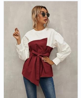 China Autumn Solid Color Women Clothes Breathable Round Neck Quilting Lantern Sleeve Loose Protective Shirts For Women Tops With Belt for sale