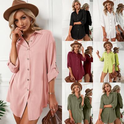 China Women's Solid Color 3/4 Sleeve Coiled Loose Shirts Anti-Static Dress Buttons Down Side Slit Maxi Dresses for sale