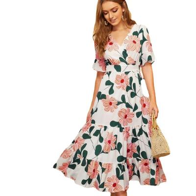 China Breathable Vintage Blue White Blue Flare Dress Women's High Waist Floral Print Maxi Sleeve Beach Vocation Dress Summer Tendril Chiffon Short Dresses for sale