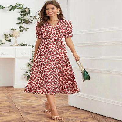 China Anti-static the latest design floral printing retro stretch Korean square neck short sleeve long skirt ladies summer dress for sale