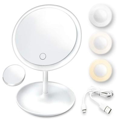 China Custom LED Makeup Mirror With Light Lamp With Storage Desk Rotating Cosmetic Mirror Light USB Adjustable Dimming Vanity Mirror for sale