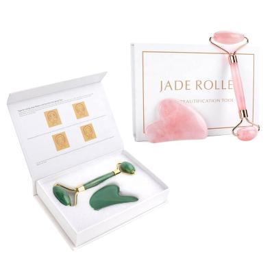 China Face Slimming Roller Rose Quartz Jade Roller Gua Sha Set Jade Stone Massage Beauty Lifting Tool Set Massager Facial Roller Body Face Te koop