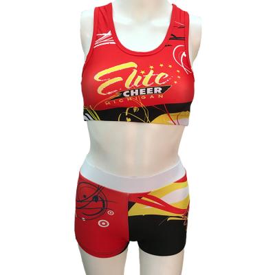 China Breathable Design Your Own Sublimation Cheer Sports Bra And Short Cheerleader Practice Wear for sale