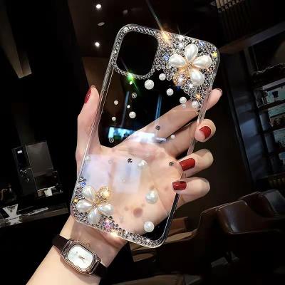 China Popular Rhinestone Pearl Flower Transparent Silicone Phone Case for iphone 13pro max for sale