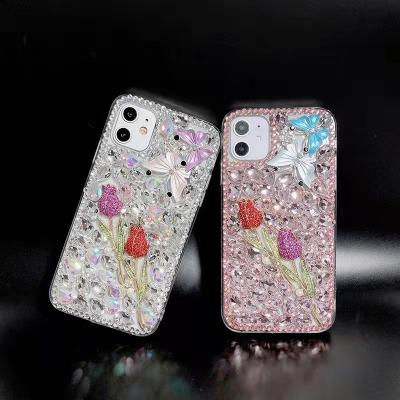 China High Quality Luxury Transparent Diamond Rose Butterfly Ladies Phone Case for sale