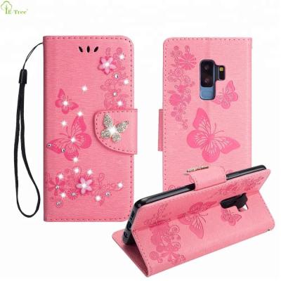 China Lady Diamante Bling Embossing Flip Case Lady Diamante Butterfly Pattern Flip Wallet Phone Case For Samsung Galaxy S9 Plus Leather for sale