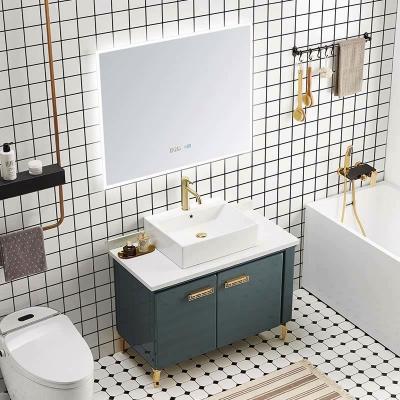 China New combination eco-friendly chinese bathroom cabinet set foor-mounted bathroom cabinet with large led backlit mirror for sale