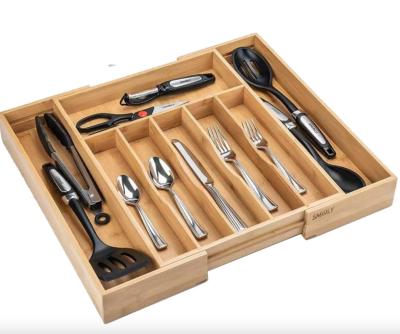 China Handmade Bamboo Utensil Organizer Drawer Kitchen, Expanding Cutlery Tray with Divider and Knife Block for sale