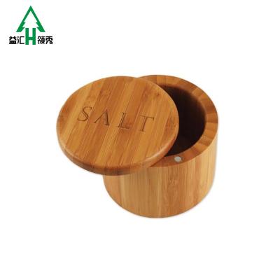 China Handmade Food Grade Kitchen Condiment Box Round Bamboo Wooden Box For Salt And Sugar for sale