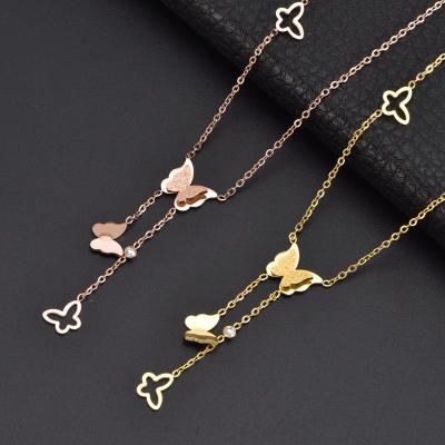 China High Quality Sweet And Fresh Boho Small Necklace Gift Butterfly With Diamond Titanium Steel Butterfly Tassel Necklace for sale