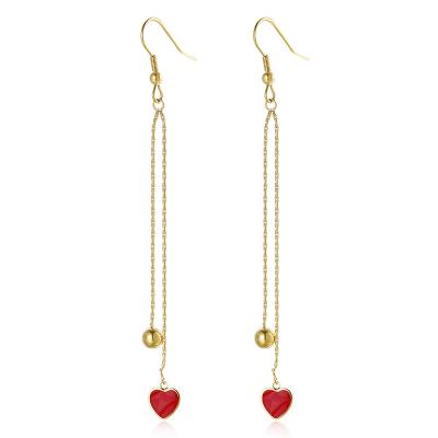 China High quality Korean style women's gold titanium steel long earrings red heart fringe long tassel earrings for sale