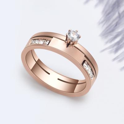 China High Quality Rose Gold Ring Titanium Steel Romantic Ring Set with Diamond Zircon Women's Jewelry Ring for sale