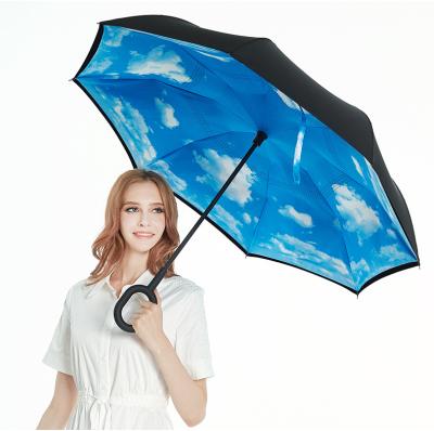 China 2022 New Arrival Hot Selling New Products Store Double Layer Inside Out C Shape Custom Handle Inverted Reverse Umbrella With Logo Prints for sale