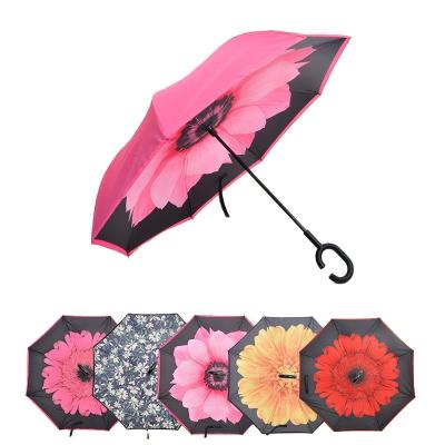 China Traditional Hands Free C Handle Double Layer Reverse Reversible Reverse Inverted Umbrella for sale