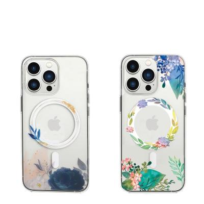 China Official New Crystal Transparent Printing Flower Design Shockproof Case For Magsafe Phone Case Tpu PC Shockproof Cover For iPhone 13/13 pro for sale