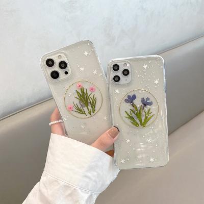 China Anti-fall Real Flower Dried Embossing Flower Epoxy Gold Foil Phone Case For iPhone 13 Mini 13 Pro Max for sale