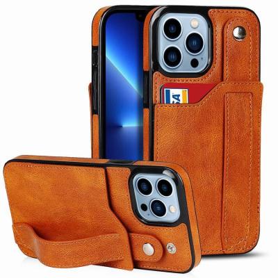 China Card Holder Leather Wallet Strap Anti-fall Strap Phone Back Case For iPhone 13 pro Max Wrist Strap Stand Cover for sale