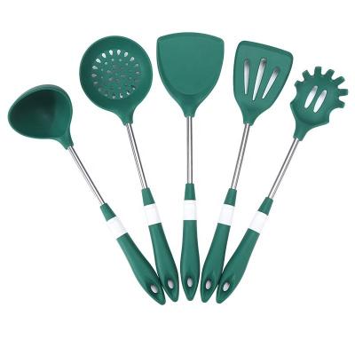 China Sustainable 5 Pieces Set of Home Kitchen Silicone Cooking Utensils Non Stick Silicone Cooking Kitchen Utensil with Holder for sale