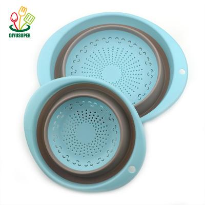 China 2021 Viable Wholesale Plastic Collapsible Kitchen Silicone Collapsible Sieve Colander 2 Sets for sale