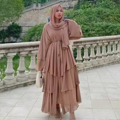 China Elegant Oman Arab Dubai Turkey Chiffon Kimono For Women Muslim Solid Color Muslim Dresses Abaya Islamic Clothing Open 3 Layers for sale