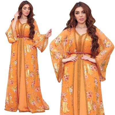 China Arab Dubai Muslim Chiffon Two Piece Polyester Middle East Women's Dress Printed Gold Hot Maxi Dress for sale