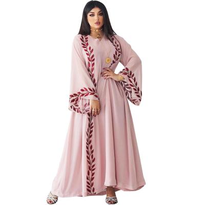 China Polyester Street Fashion Summer Chiffon Muslim Long Embroidered Pink Crew Neck Dress With Hijab for sale