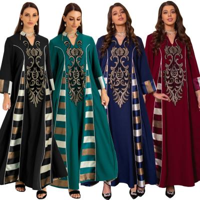 China Polyester Garment Bead Middle Eastern Piece Embroidered Striped Abaya Quilted Muslim Maxi Dress for sale