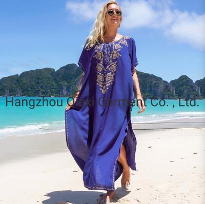 China 100% Rayon Women Embroidery Shorts Sleeve Bikini Swimsuit Cover Up Beach Side Split Kaftan Muslim Dress for sale