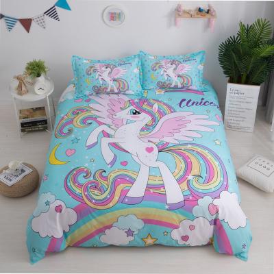 China 3D Digital Printing Unicorn Bedding Set Organic Cotton Flame Retardant For Girls Kids Cartoon Home Comforters Cover Set for sale