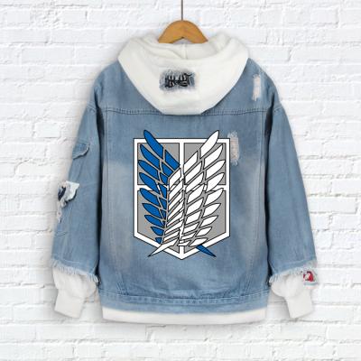 China Viable Attack On Hooded Denim Jacket Printing Anime Titan Jacket Wholesale Blue Denim Jacket for sale