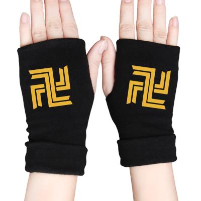 China Tokyo Avengers Anime Gloves Winter Simple Warm Knitted Unisex Half-finger Printed Black Fingerless Gloves for sale