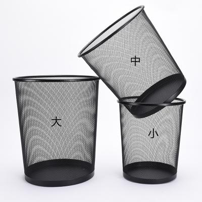 China Stationery 3 Size Office Metal Mesh Trash Can Wire Metal Round Black Paper Garbage Bin for sale