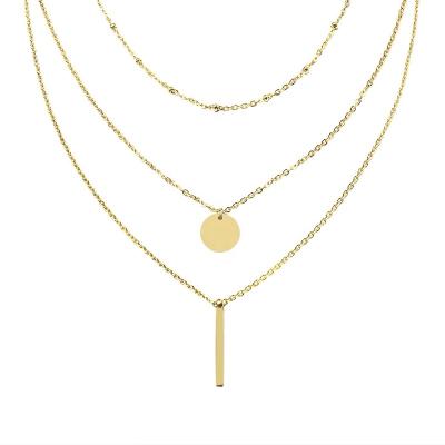 China Fashionable Europe and America 18K gold plated 316 stainless steel vintage double layer multi layered necklace with round coin pendant for sale