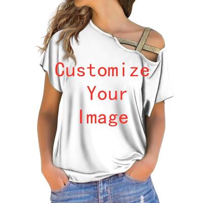 China Anti-Static Custom Sublimation Summer Woman Clothing Fashion Casual Loose Plus Size Irregular Cross Shoulder Strap Short Sleeves T-Shirt for sale