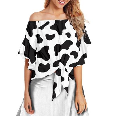 China Anti-pilling New Fashinn Ladies Blouse Shirt Leapord Cow Printing Pattern Half Sleeve Off Shoulder Women Blouse for sale