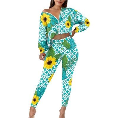 China Anti-pilling Hot Sale O neck Long Sleeve Print Top Fashion Slim Fit  Pants Casual Two-piece Suit for Women's Clothing Custom Set for sale