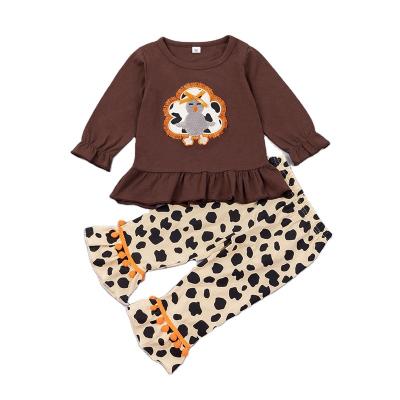 China Autumn Outfit Cute Top Flare Babies Breathable Infant Leopard Pants Baby Clothes Set for sale