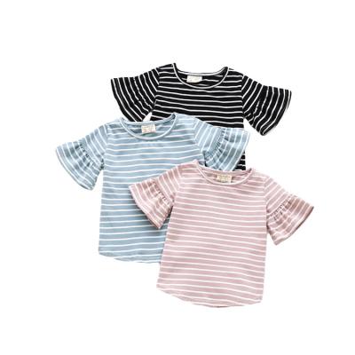 China Breathable Baby Cotton T-shirt Girl Stripe Pure Round Collar Ruffle Sleeve Tops for sale