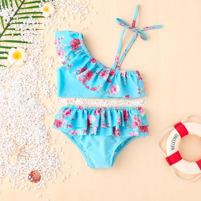 China Girls One Shoulder 2pcs Breathable Swimwear Kids Cute Flower Print Baby Boutique Girl Sleeveless Swimsuits for sale