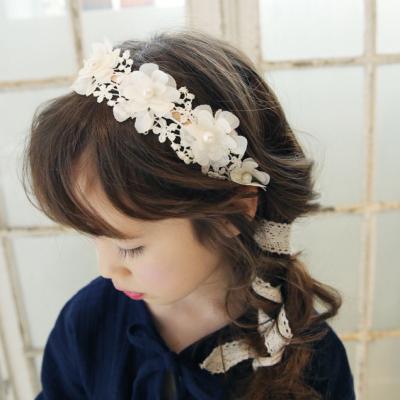 China Sweet Kids Girl Headwear Lace Flower Fancy Lace Ribbon Headband Accessories Beads Floral Headband for sale