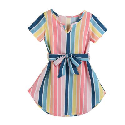 China New Design Washable Kids Clothing Colorful Striped Printed Short Sleeve Dress Girls Fashion Summer Dress for sale