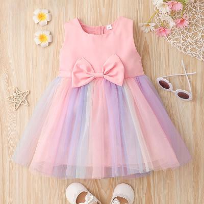 China Breathable Toddler Baby Bow Party Birthday Dresses Princess Costumes Kids New Rainbow Striped Tulle Dress for sale