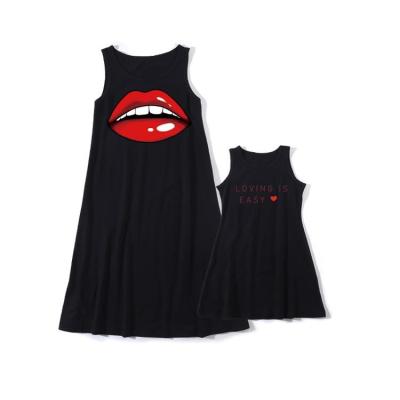 China Sexy Mommy and Me Lips Letter Printing Skirt Parent-child Mother-daughter Black Vest QUICK-DRY Dress for sale