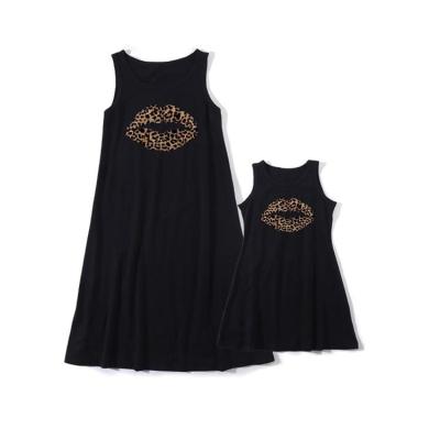 China Cartoon Leopard Lip Print Mother and Daughter Sleeveless Black Tank Top Dress QUICK DRY MOM and Me for sale