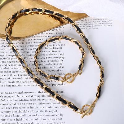 China TRENDY Custom Jewelry Set Woman 18k Gold Plated Stainless Steel Jewelry Set Leather Rope Necklace Bracelet Women for sale