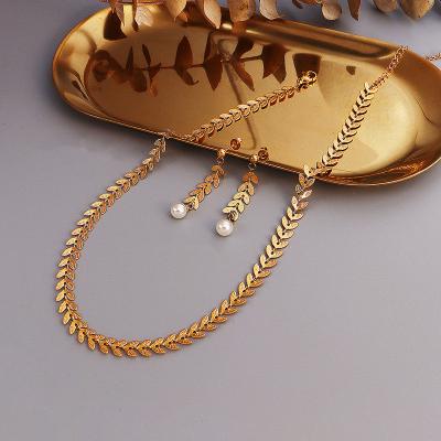 China TRENDY Customize Conjunto Joyeria Wheat Necklace Pearl Earrings Jewelry Women Set 18k Gold Plated Stainless Steel for sale